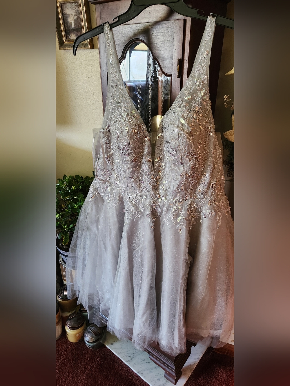 Beaded Lace Satin Ball Gown - Silver Gray